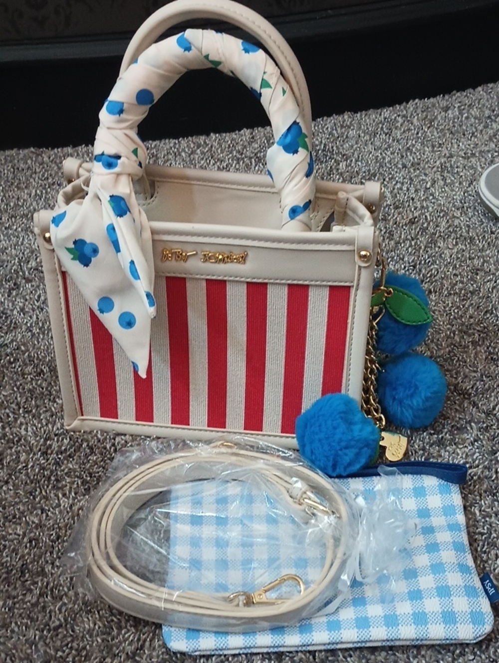 Betsy Johnson Red Striped Satchel Crossbody Bag With Blueberry Charm